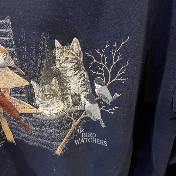Vintage Morning Sun ❤️🔥 The Bird Watchers Navy Sweatshirt with Cats & Birds - Picture 5 of 6